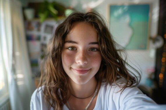 A teen in foster care takes a selfie in her bedroom.