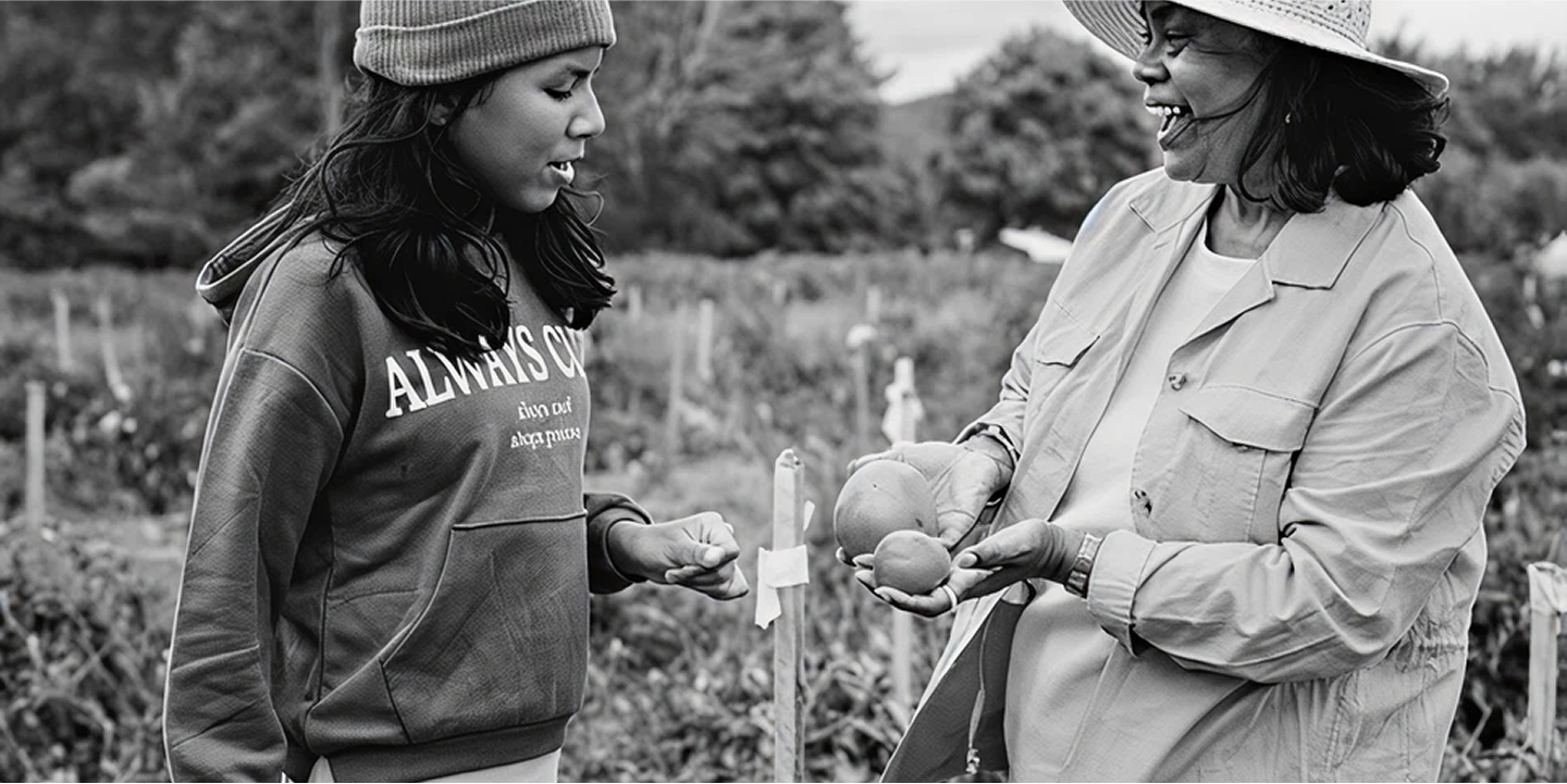 A woman and a girl picking fruit in a field.