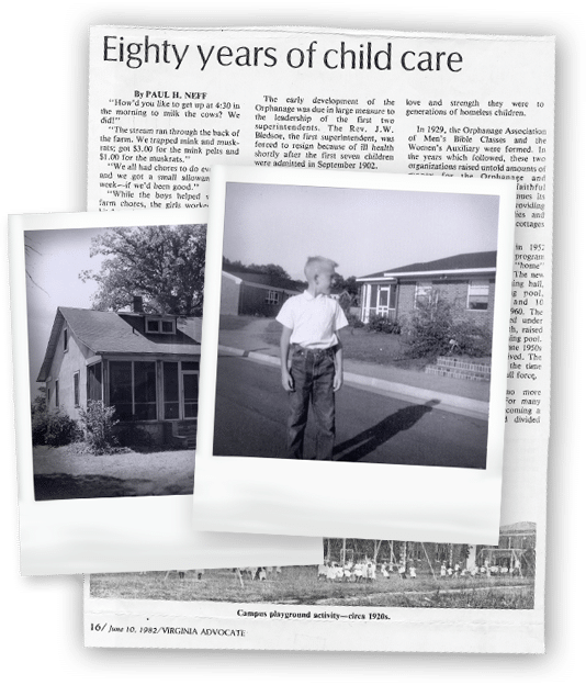 Newspaper clipping and 2 polaroids. One polaroid shows a house and the other a boy