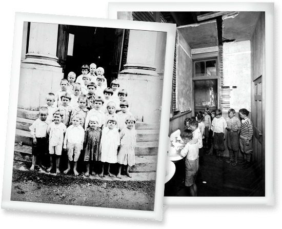 Vintage picture with school age children in front of a building