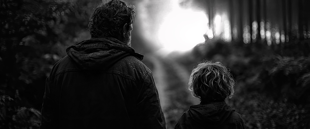 Man and a boy walking outside down a dirt road